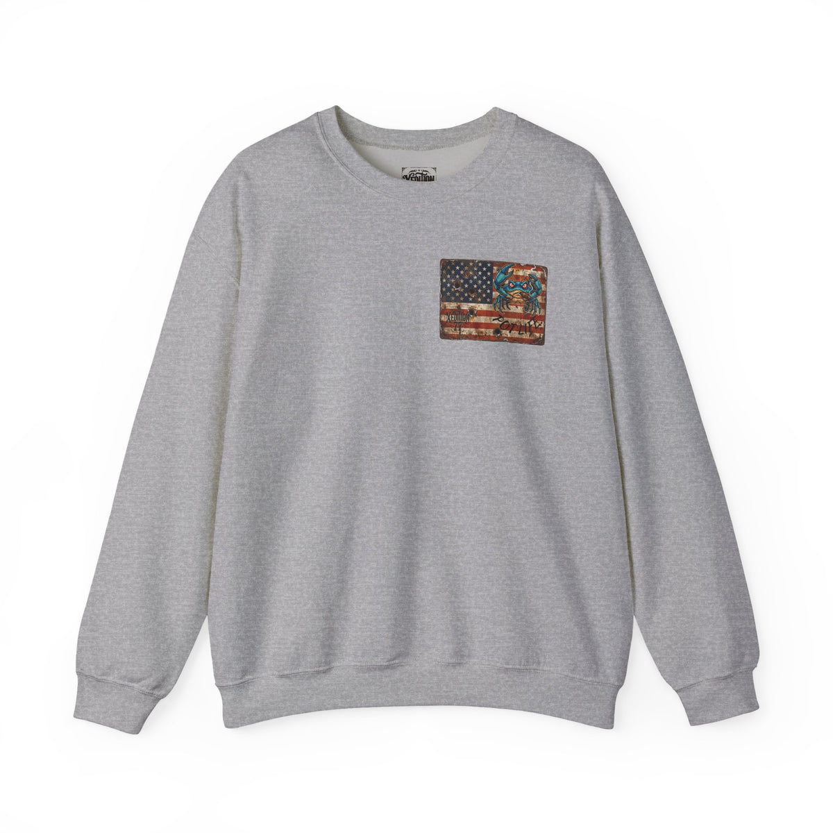 Xedition77 CRAB"POT" LIFE GUINEA VA.American Flag Chest Patch Crewneck Sweatshirt