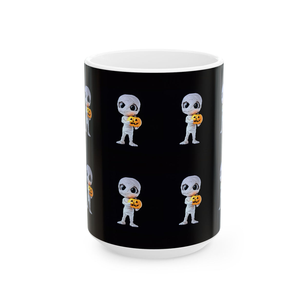Mummy Holding Jack-o’-Lantern Ceramic Mug — Cute Halloween Coffee Cup (11oz & 15oz)