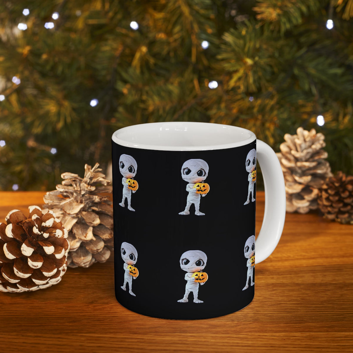 Mummy Holding Jack-o’-Lantern Ceramic Mug — Cute Halloween Coffee Cup (11oz & 15oz)