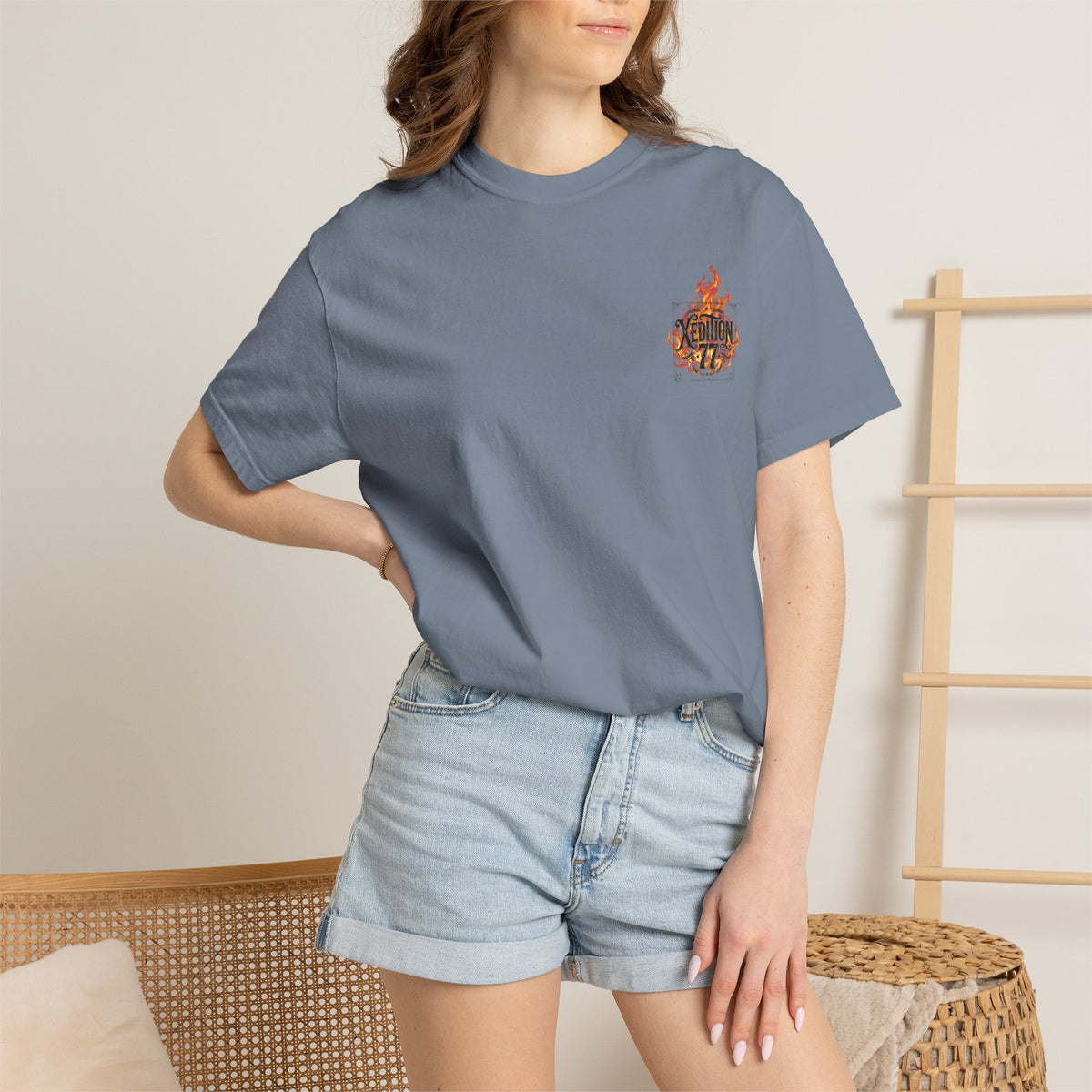 "Xedition77 Flaming Skull Graphic Tee Back Print