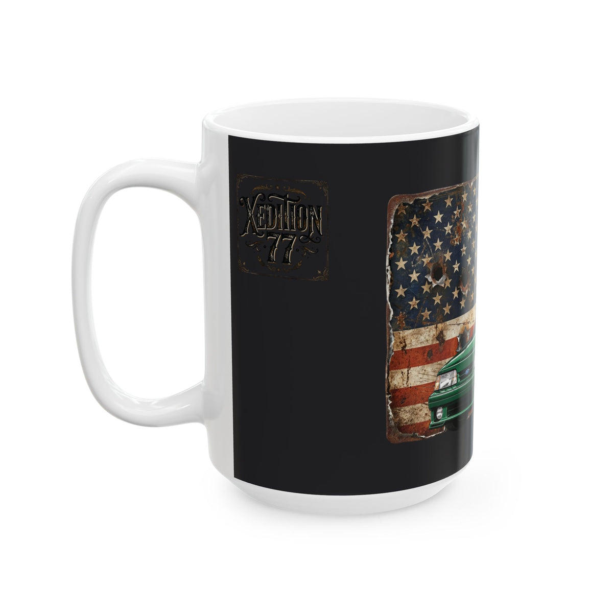 American Muscle Car Mug — Green Foxbody Mustang with Distressed Flag (11oz/15oz)