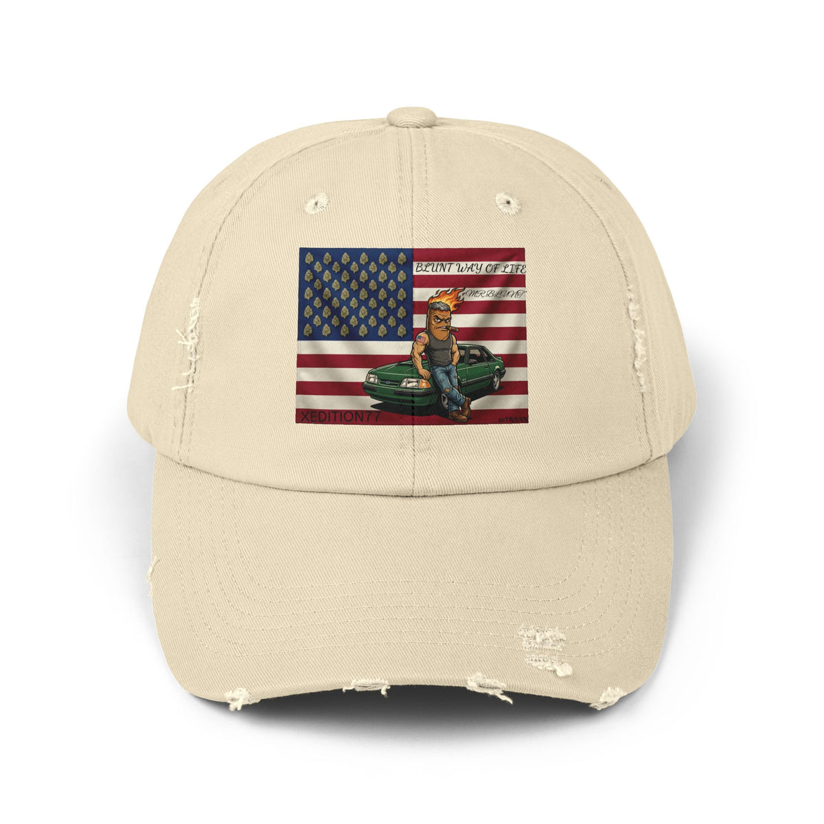 Distressed Dad Hat - American Flag with Mechanic Kneeling Over Vintage Truck (Patriotic Repairman Design)