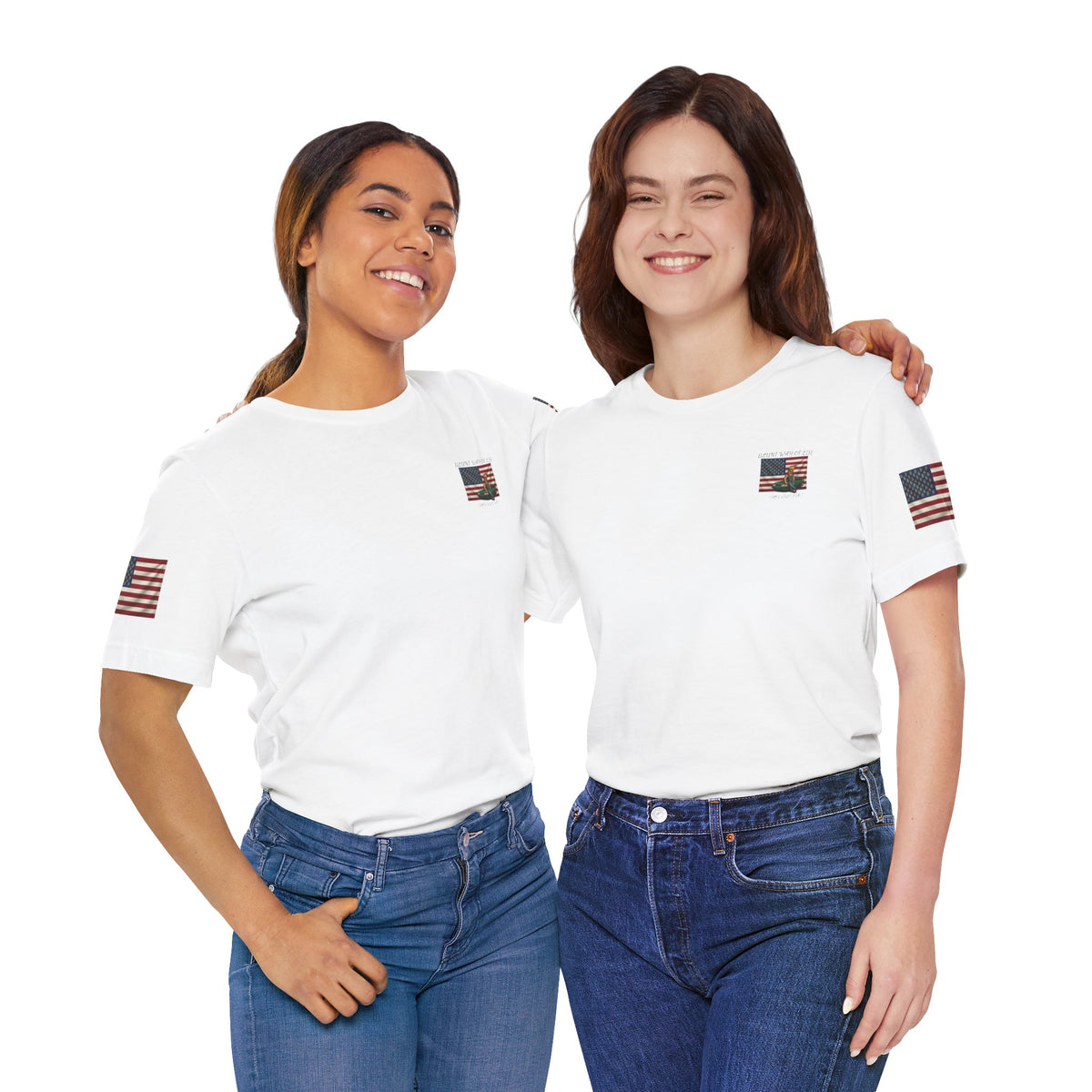 Two models wearing white Mr. Blunt patriotic tees with small chest graphics and American flag sleeve prints.