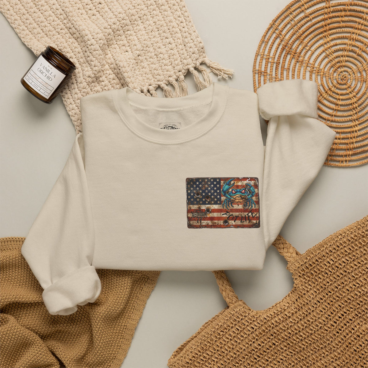 Xedition77 CRAB"POT" LIFE GUINEA VA.American Flag Chest Patch Crewneck Sweatshirt
