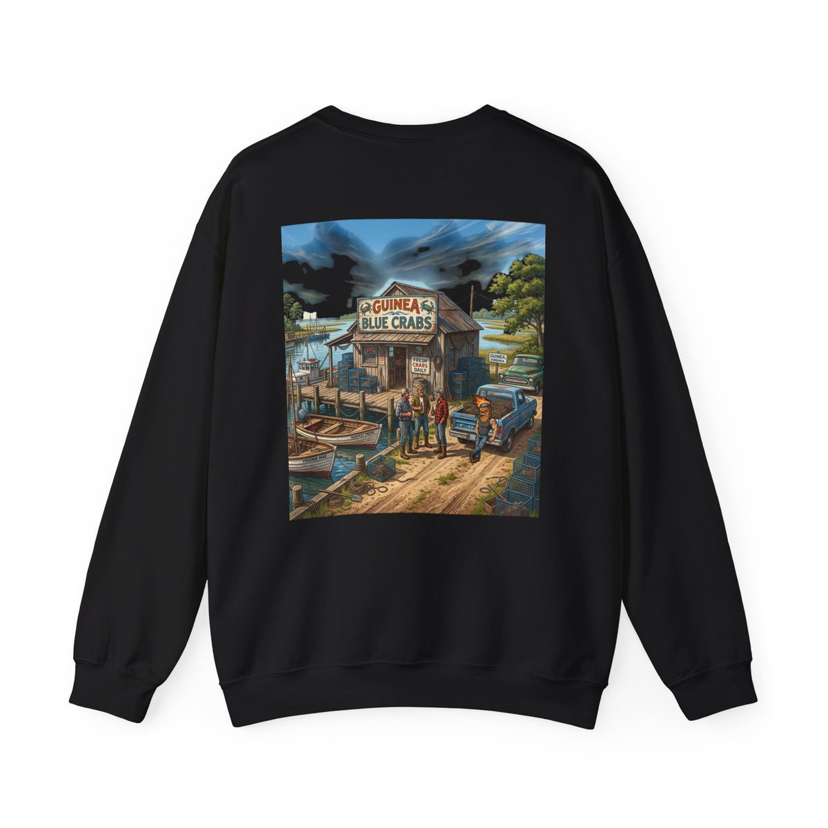 Xedition77 CRAB"POT" LIFE GUINEA VA.American Flag Chest Patch Crewneck Sweatshirt