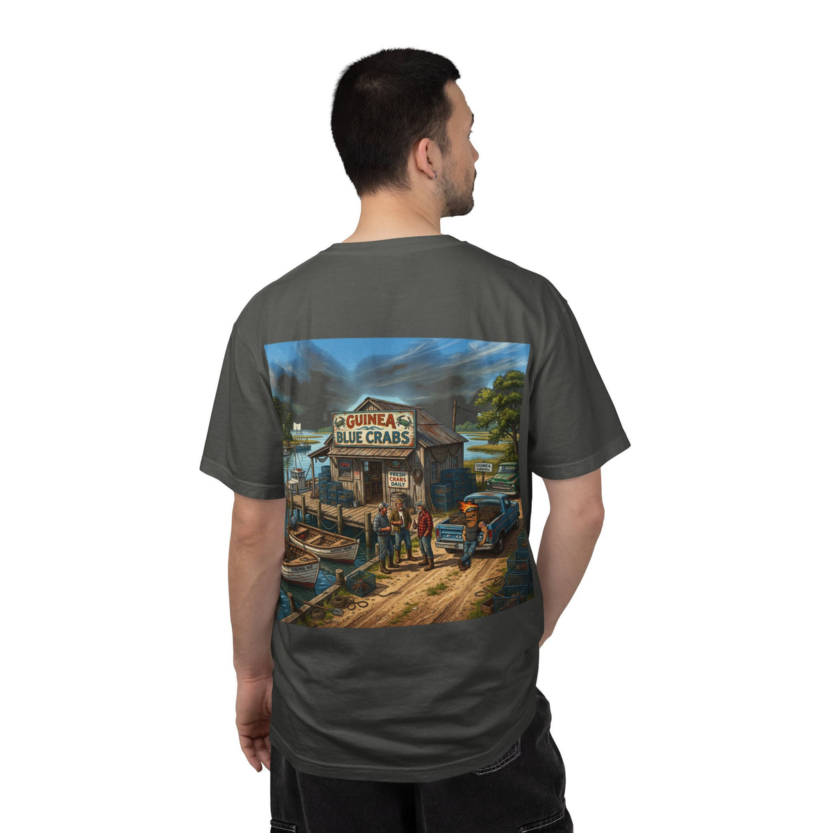 Xedition77 GUINEA VA.Blue Crab Shack T-Shirt Coastal Fishing Dock Graphic Tee