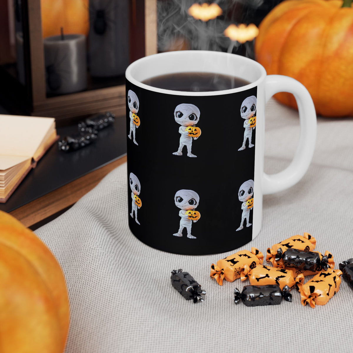 Mummy Holding Jack-o’-Lantern Ceramic Mug — Cute Halloween Coffee Cup (11oz & 15oz)