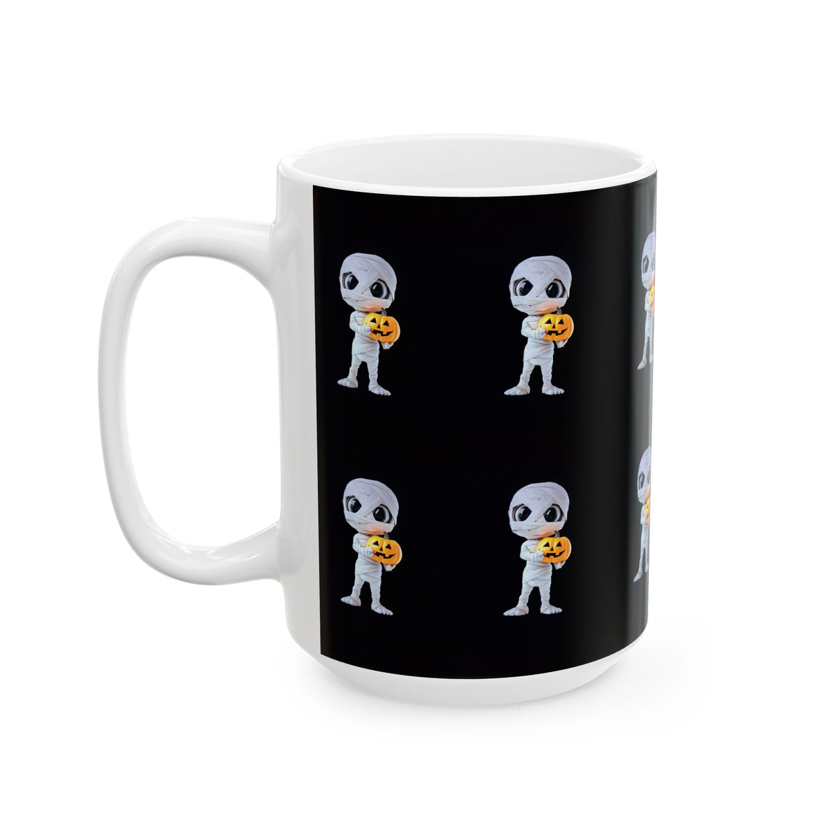 Mummy Holding Jack-o’-Lantern Ceramic Mug — Cute Halloween Coffee Cup (11oz & 15oz)