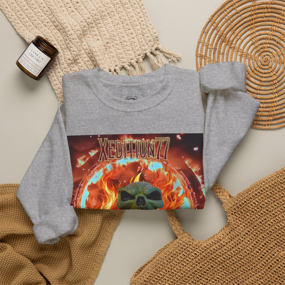 XEDITION77 Flaming Skull Crewneck Sweatshirt
