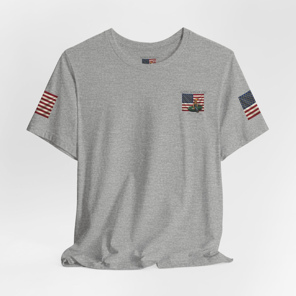 heather gray Mr. Blunt patriotic tee laid out with small chest graphic and American flag sleeve prints.