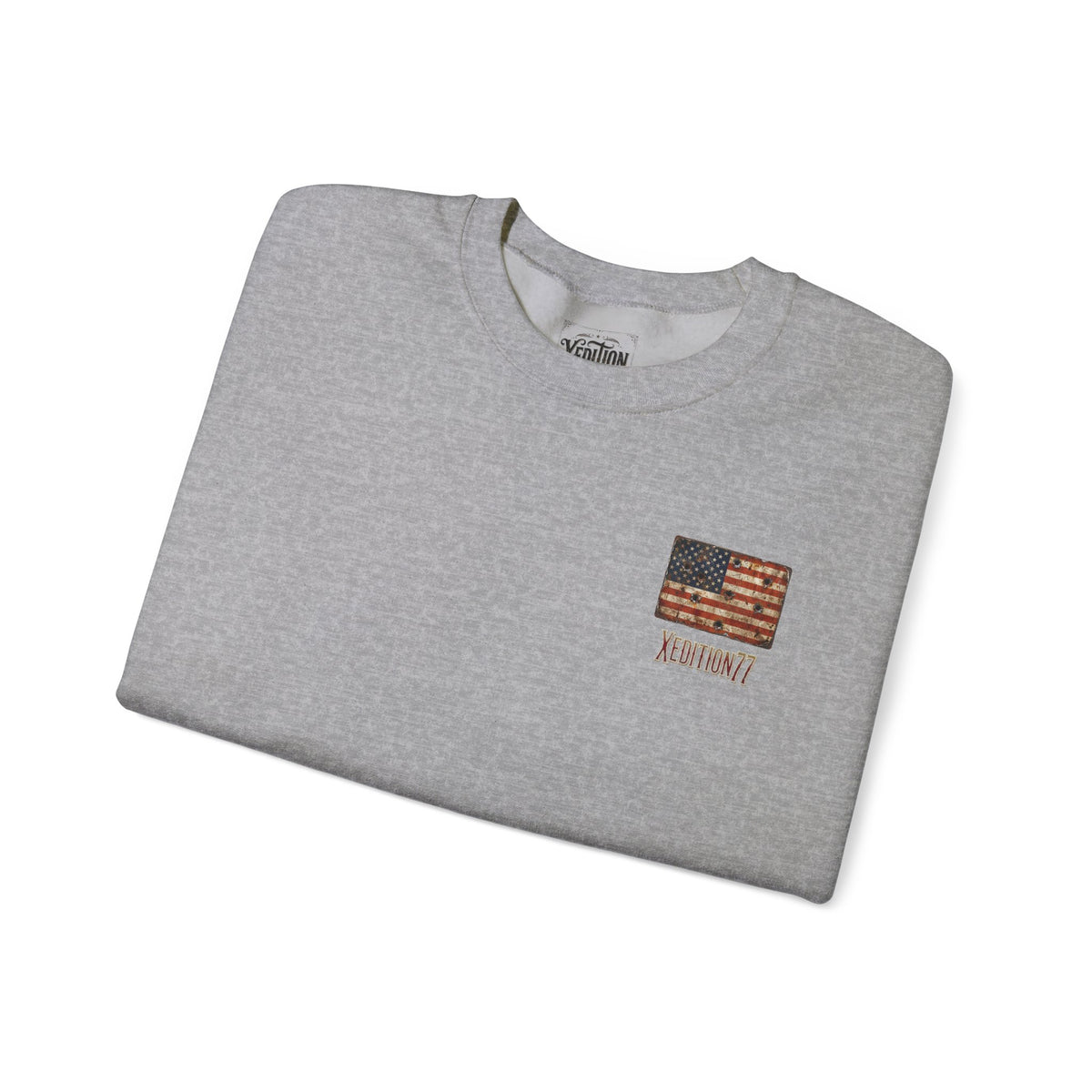 Crewneck Sweatshirt — Distressed American Flag "ADVENTURE" Chest Graphic