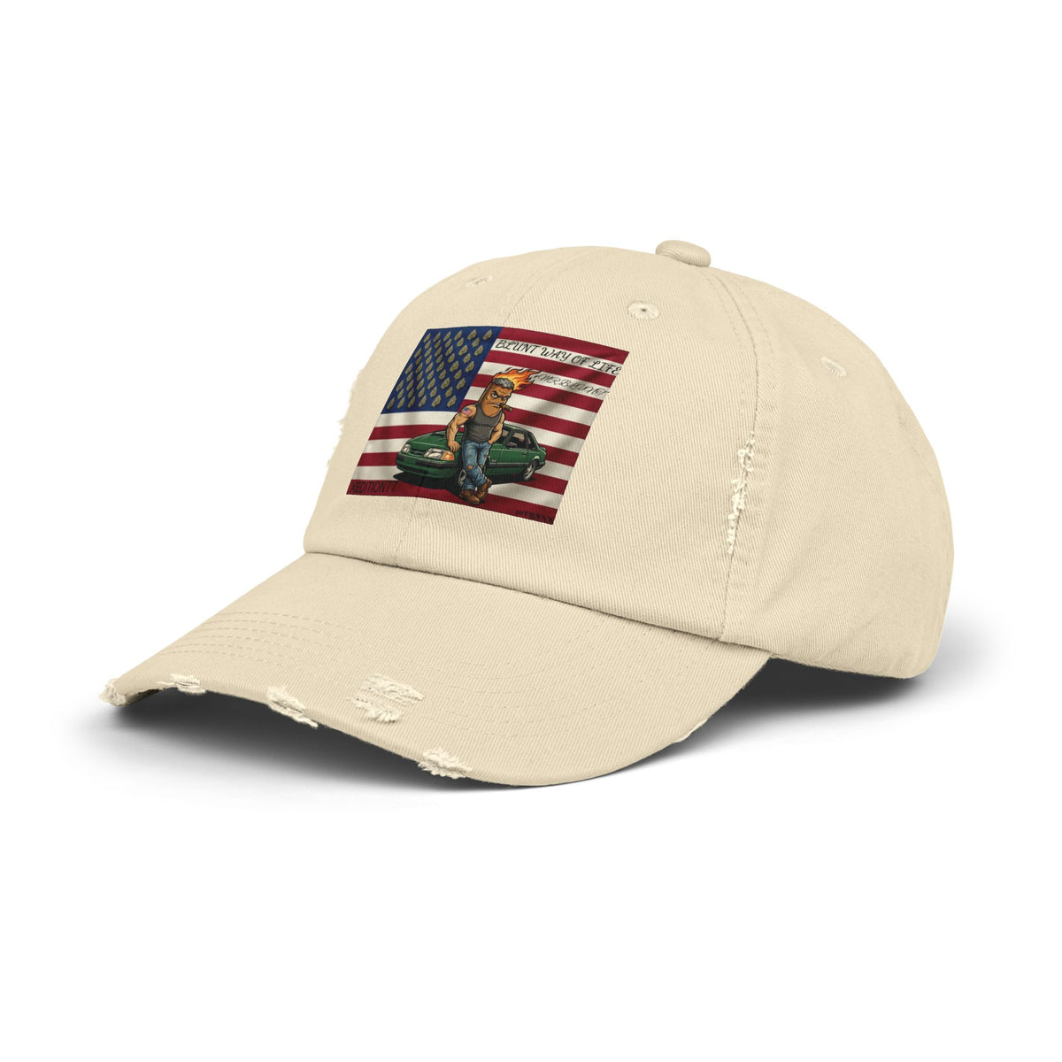 Distressed Dad Hat - American Flag with Mechanic Kneeling Over Vintage Truck (Patriotic Repairman Design)