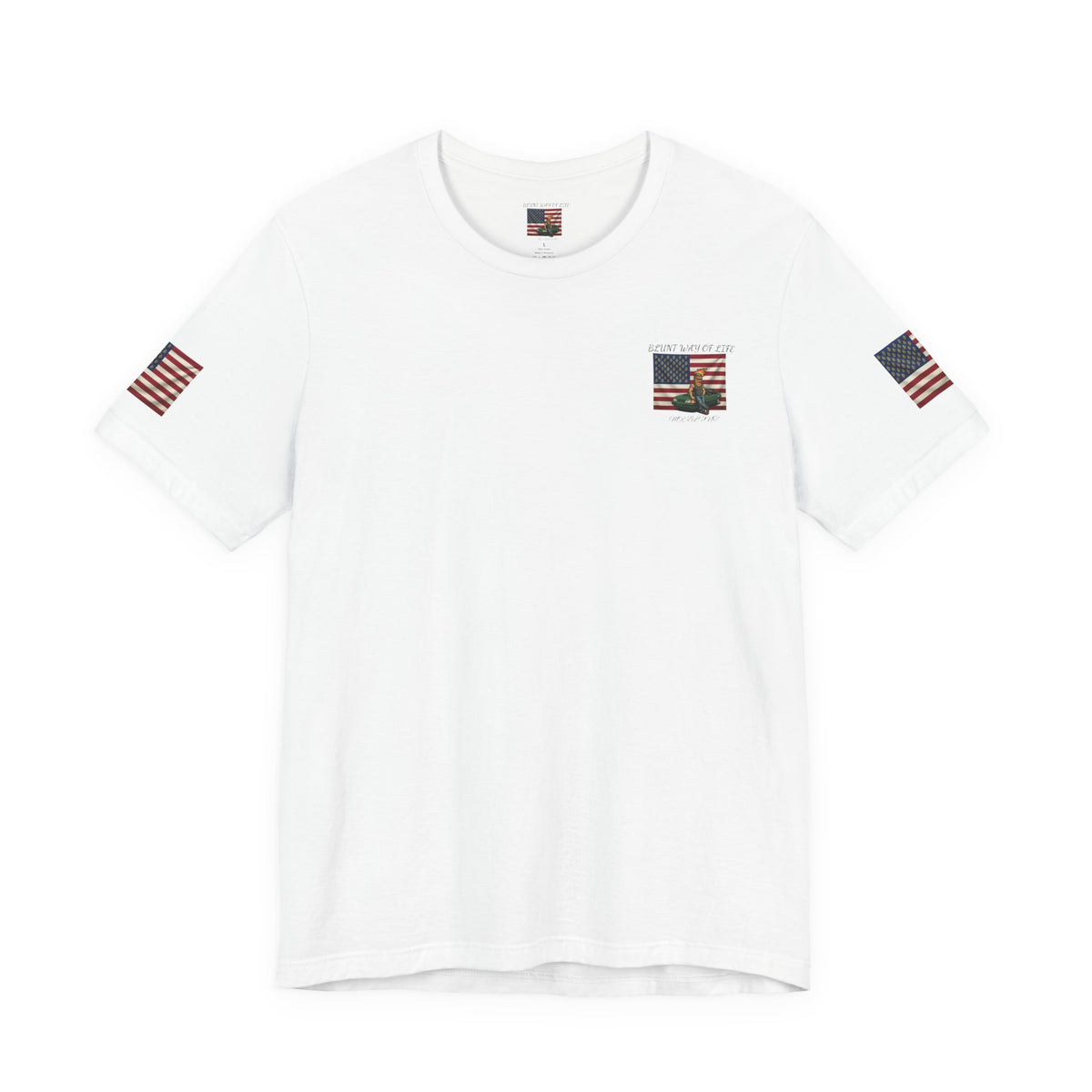 Front of white Mr. Blunt patriotic tee with flag and car chest graphic and American flag sleeve prints.