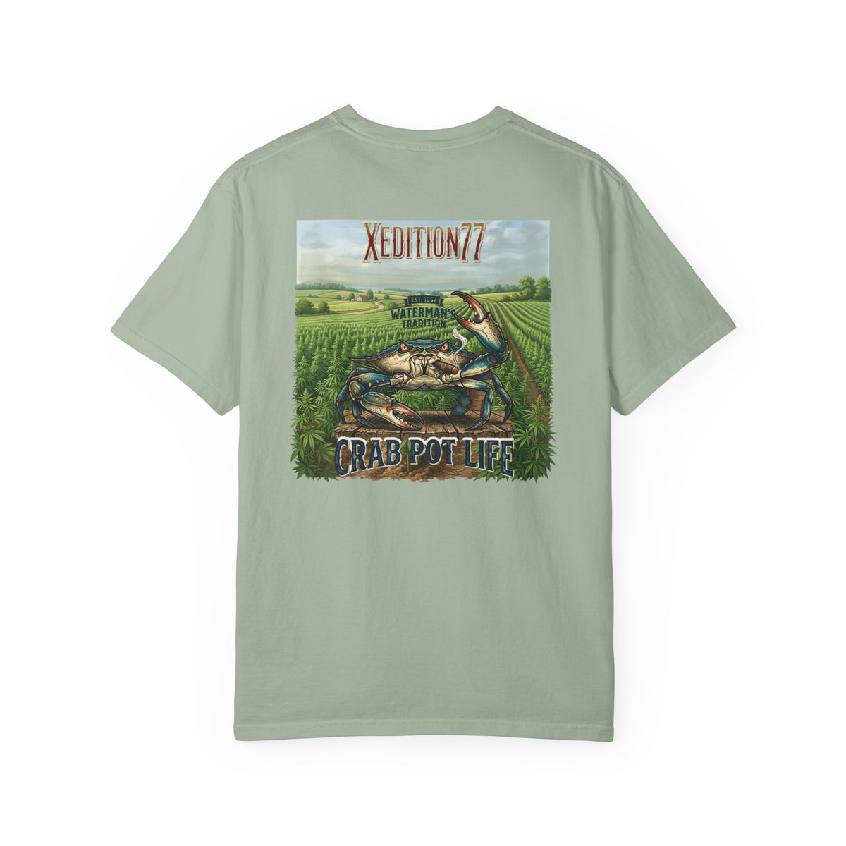 XEDITION77 "Crab Pot Life" T-Shirt — Rustic American Flag Chest Logo & Back Fishing Scene