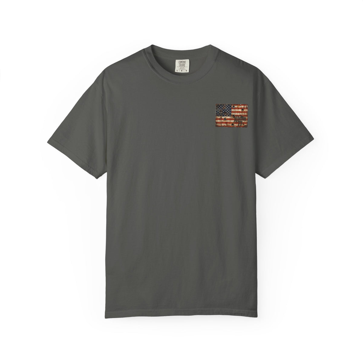 XEDITION77 "Crab Pot Life" T-Shirt — Rustic American Flag Chest Logo & Back Fishing Scene