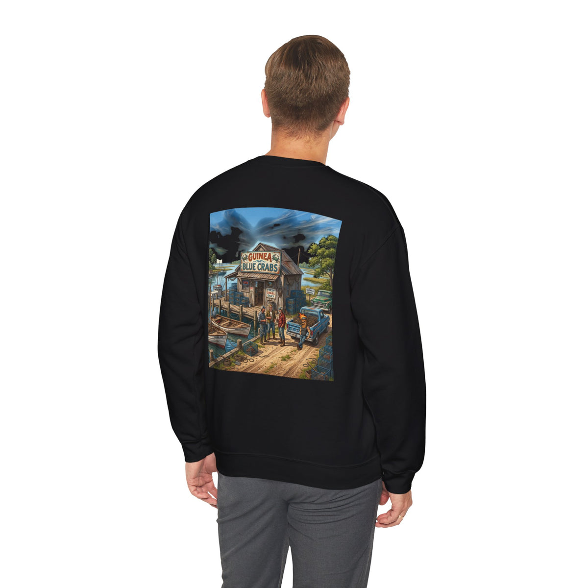 Xedition77 CRAB"POT" LIFE GUINEA VA.American Flag Chest Patch Crewneck Sweatshirt