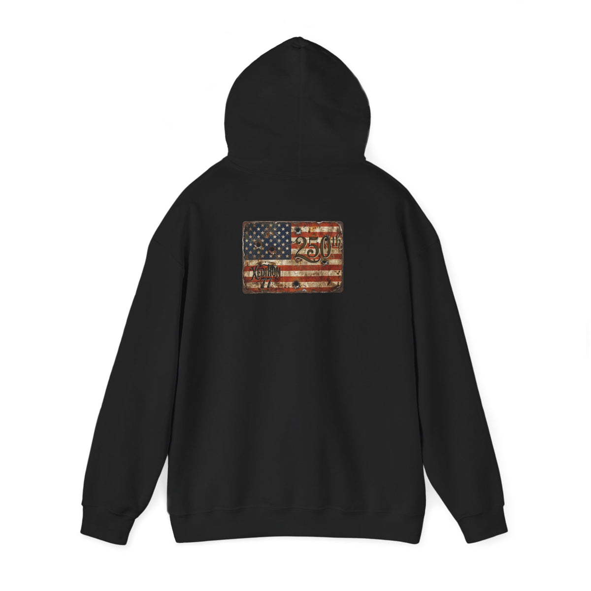 Statue of Liberty flag hoodie with a vintage American flag graphic on the back.