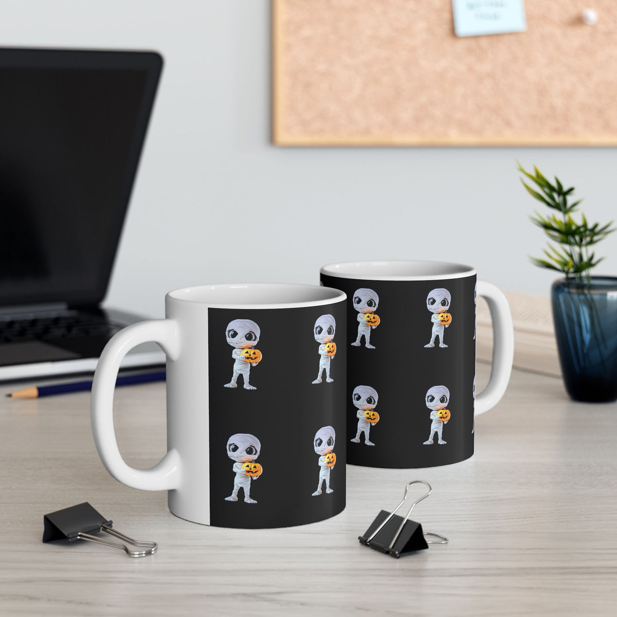 Mummy Holding Jack-o’-Lantern Ceramic Mug — Cute Halloween Coffee Cup (11oz & 15oz)