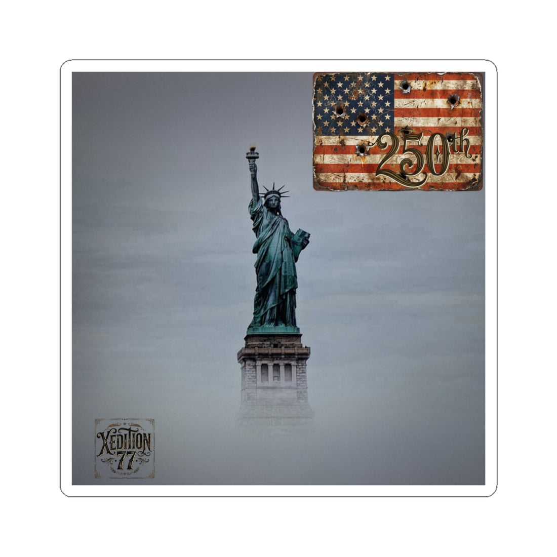 Statue of Liberty & Vintage Flag Kiss-Cut Sticker — 250th Anniversary Patriotic Decal