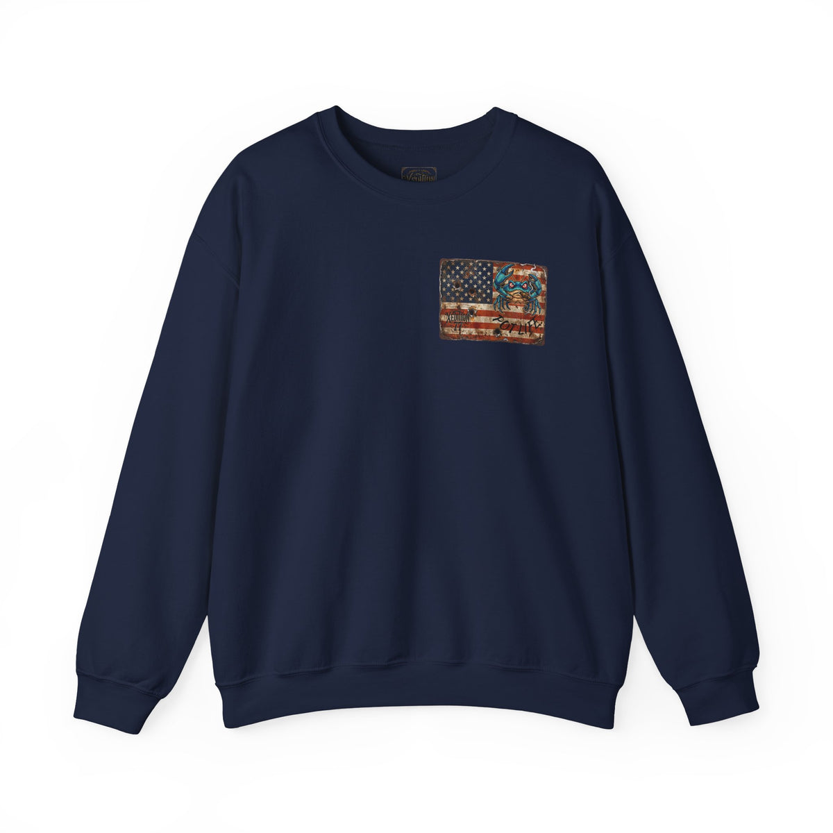 Xedition77 CRAB"POT" LIFE GUINEA VA.American Flag Chest Patch Crewneck Sweatshirt