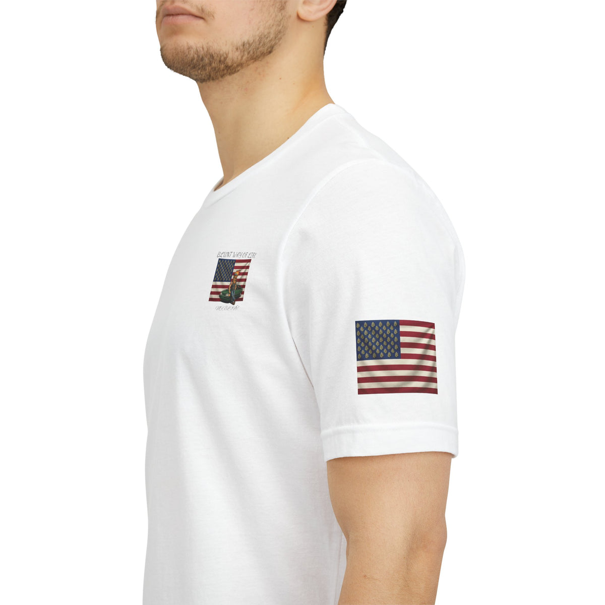 Close-up of white Mr. Blunt tee showing leaf-pattern American flag sleeve print and small chest graphic.