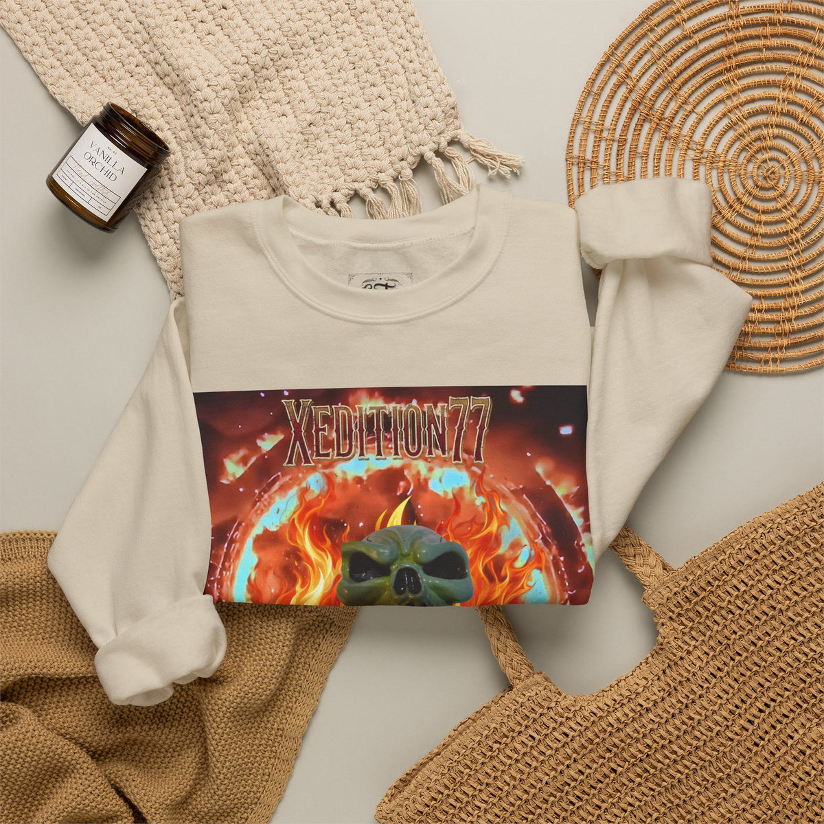XEDITION77 Flaming Skull Crewneck Sweatshirt