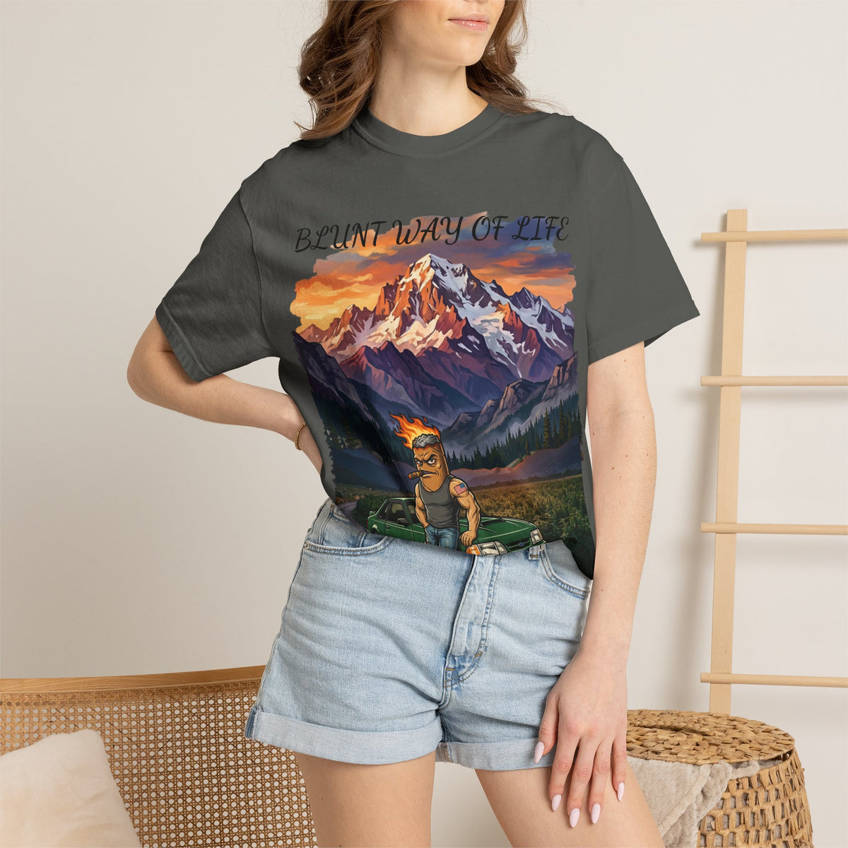 “Blunt Way of Life” Graphic T-Shirt — Mountain Sunset & Cannabis Art