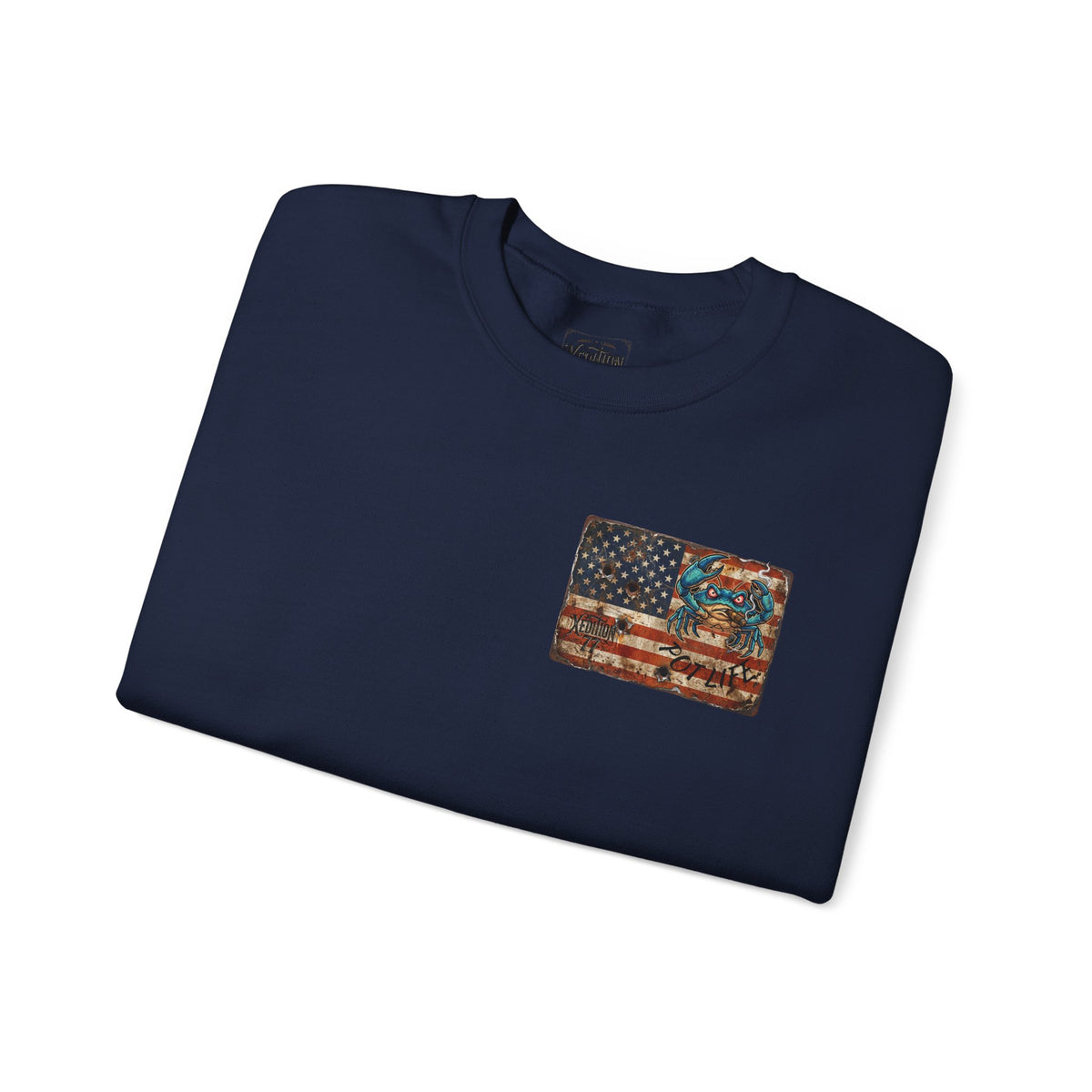 Xedition77 CRAB"POT" LIFE GUINEA VA.American Flag Chest Patch Crewneck Sweatshirt