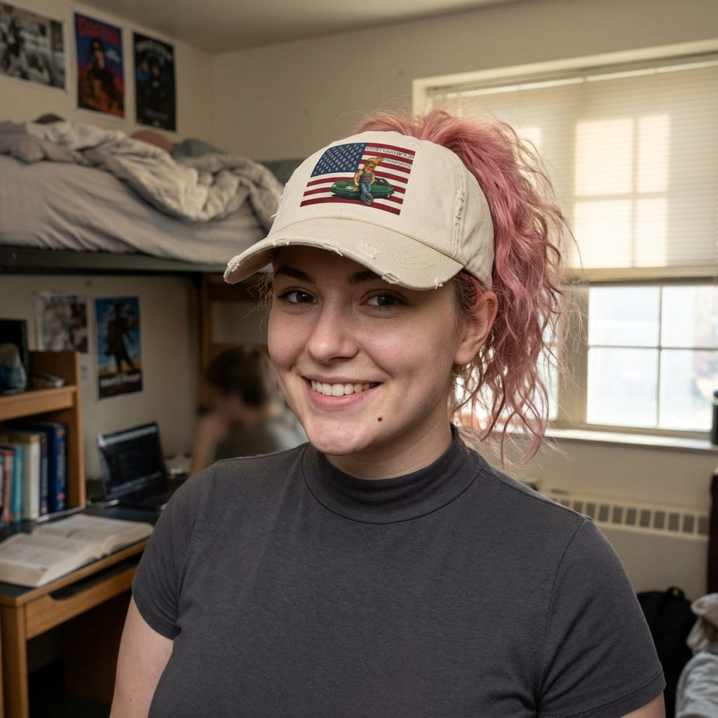 Distressed Dad Hat - American Flag with Mechanic Kneeling Over Vintage Truck (Patriotic Repairman Design)
