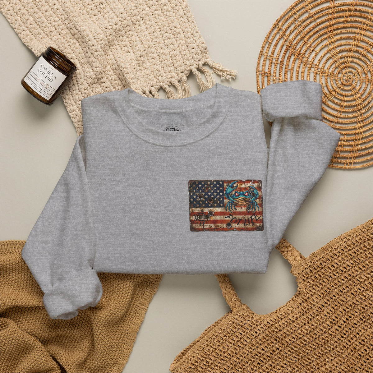 Xedition77 CRAB"POT" LIFE GUINEA VA.American Flag Chest Patch Crewneck Sweatshirt