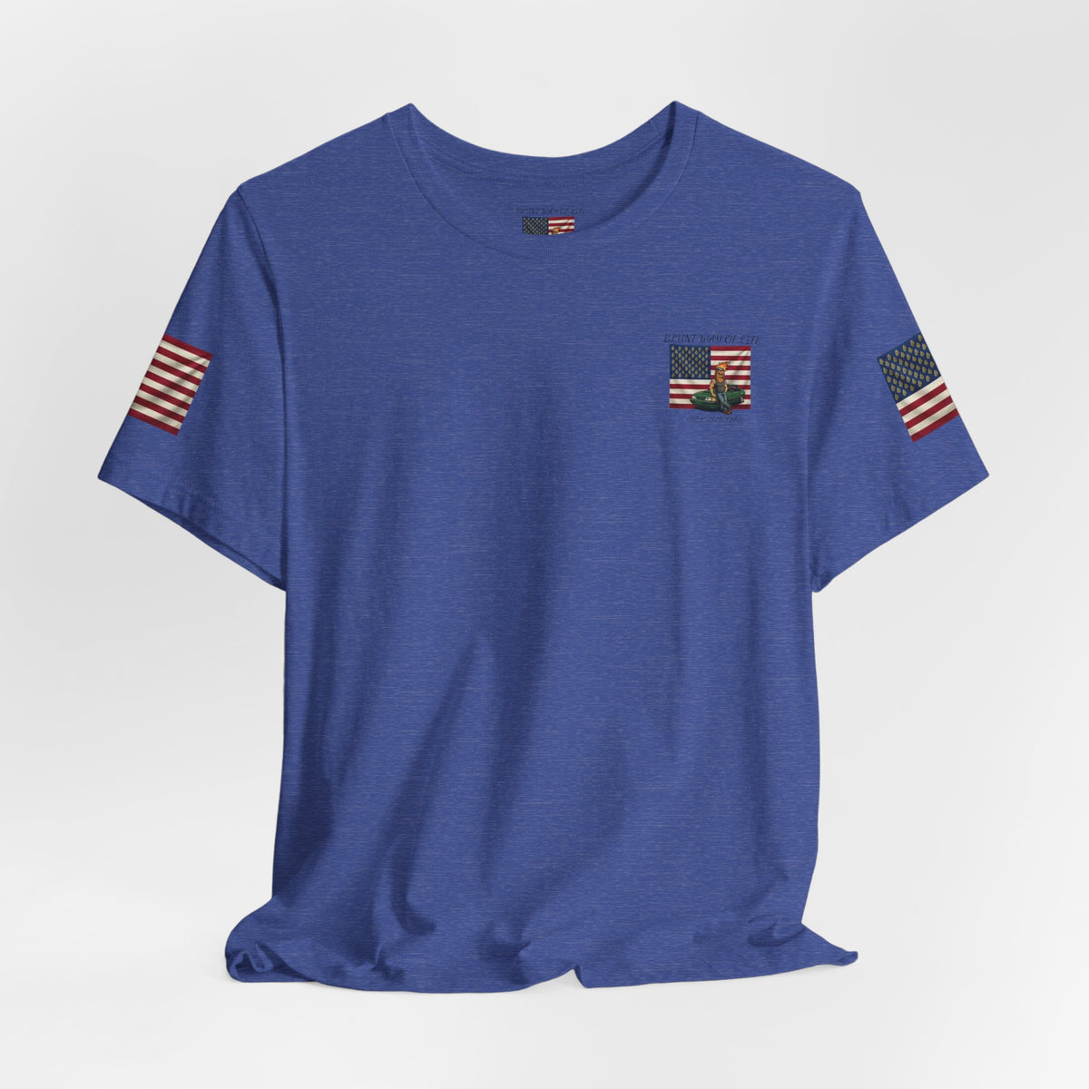 blue Mr. Blunt patriotic tee laid out with small chest graphic and American flag sleeve prints.