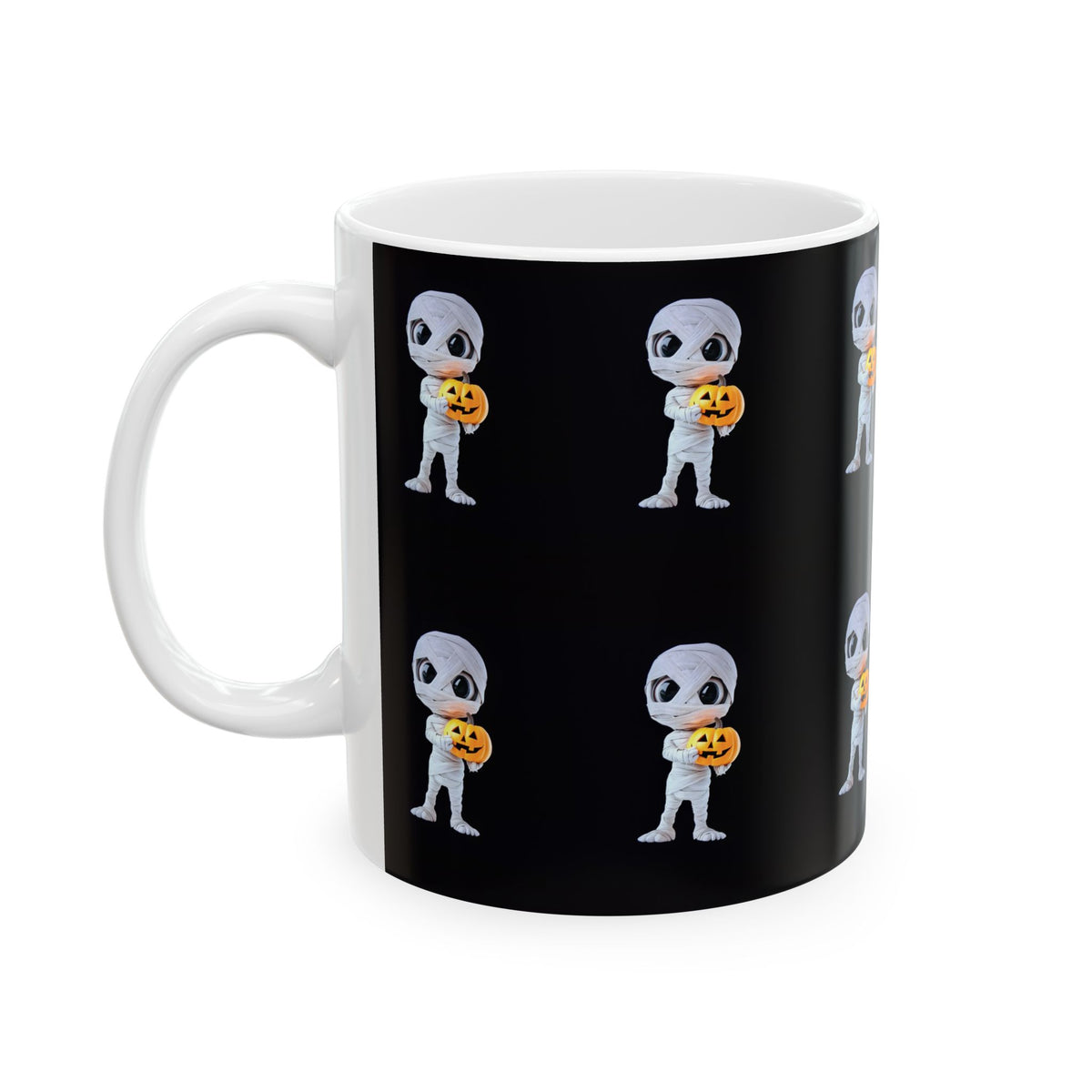 Mummy Holding Jack-o’-Lantern Ceramic Mug — Cute Halloween Coffee Cup (11oz & 15oz)