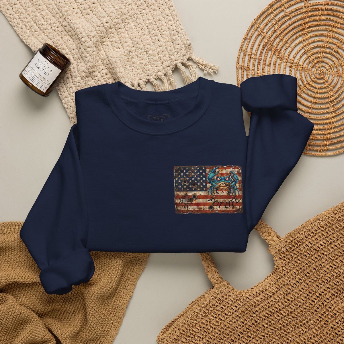 Xedition77 CRAB"POT" LIFE GUINEA VA.American Flag Chest Patch Crewneck Sweatshirt