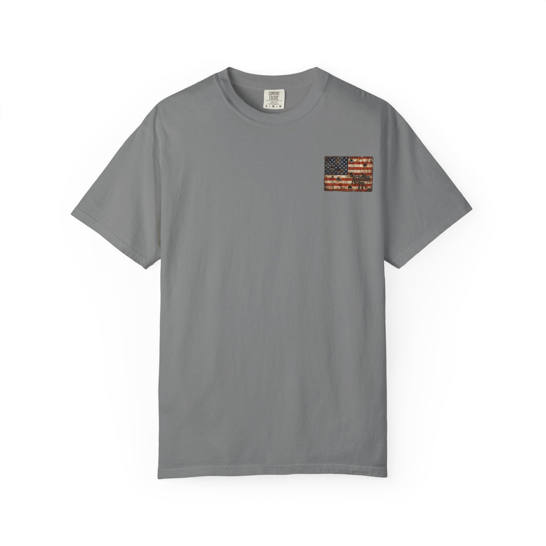 XEDITION77 "Crab Pot Life" T-Shirt — Rustic American Flag Chest Logo & Back Fishing Scene