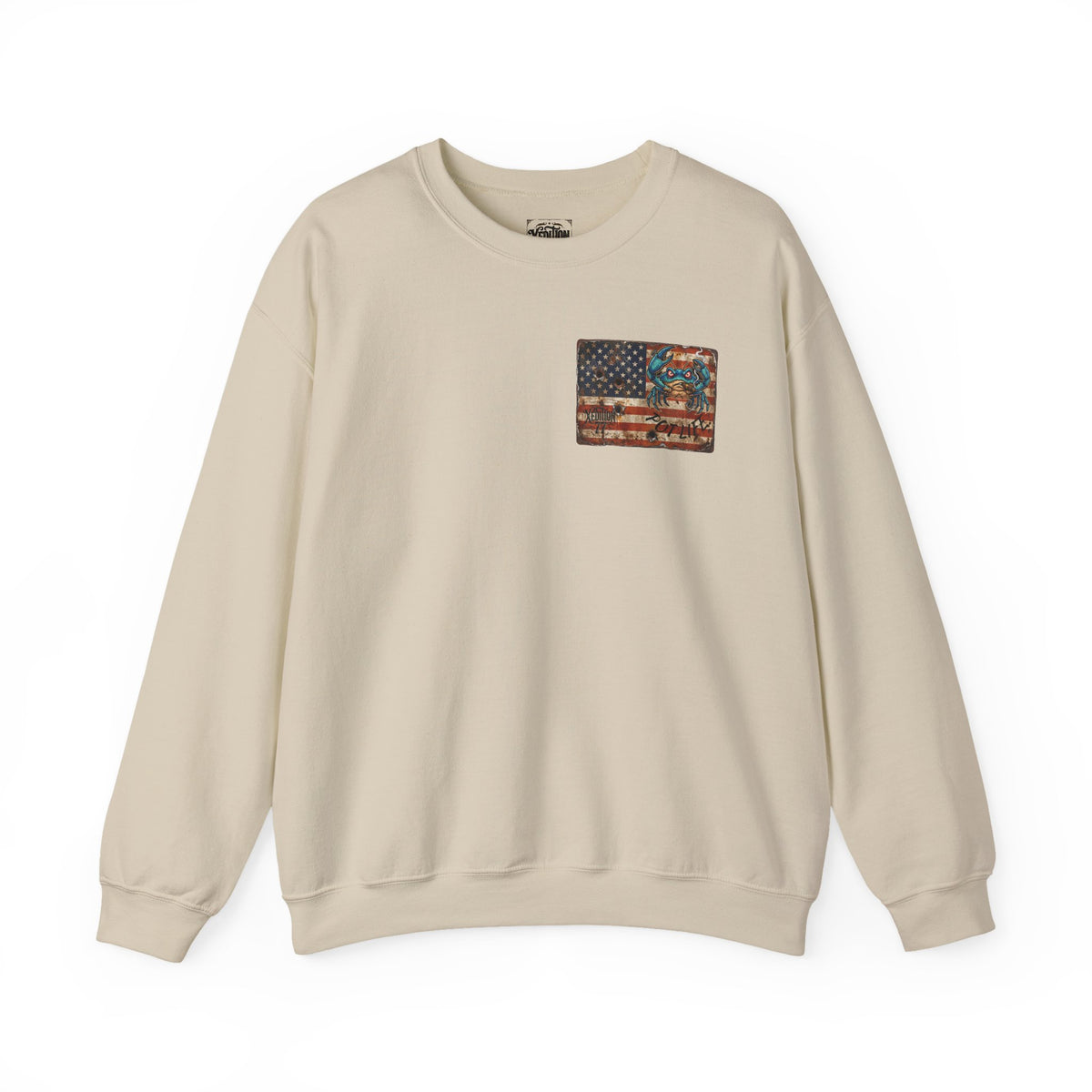 Xedition77 CRAB"POT" LIFE GUINEA VA.American Flag Chest Patch Crewneck Sweatshirt
