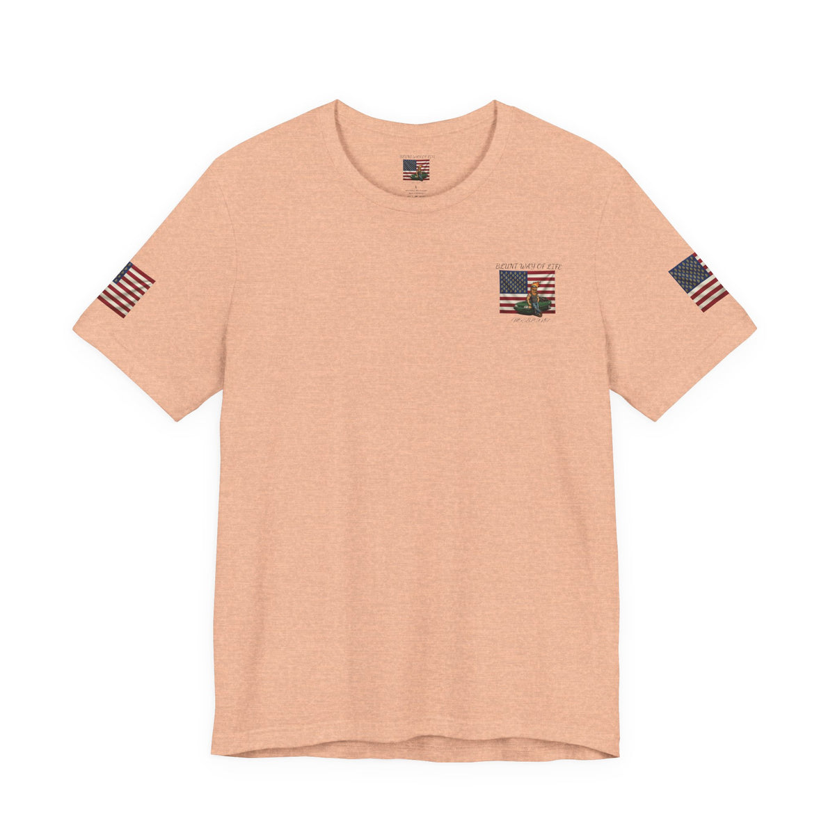 Front of peach Mr. Blunt patriotic tee with flag and car chest graphic and American flag sleeve prints.