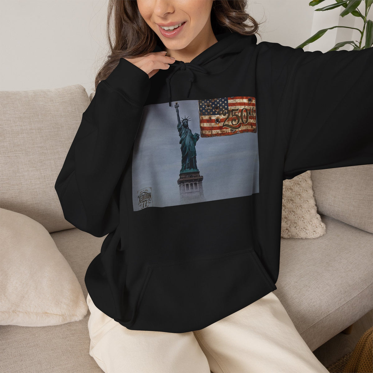 Statue of Liberty flag hoodie featuring the Statue of Liberty and American flag design on a black sweatshirt.