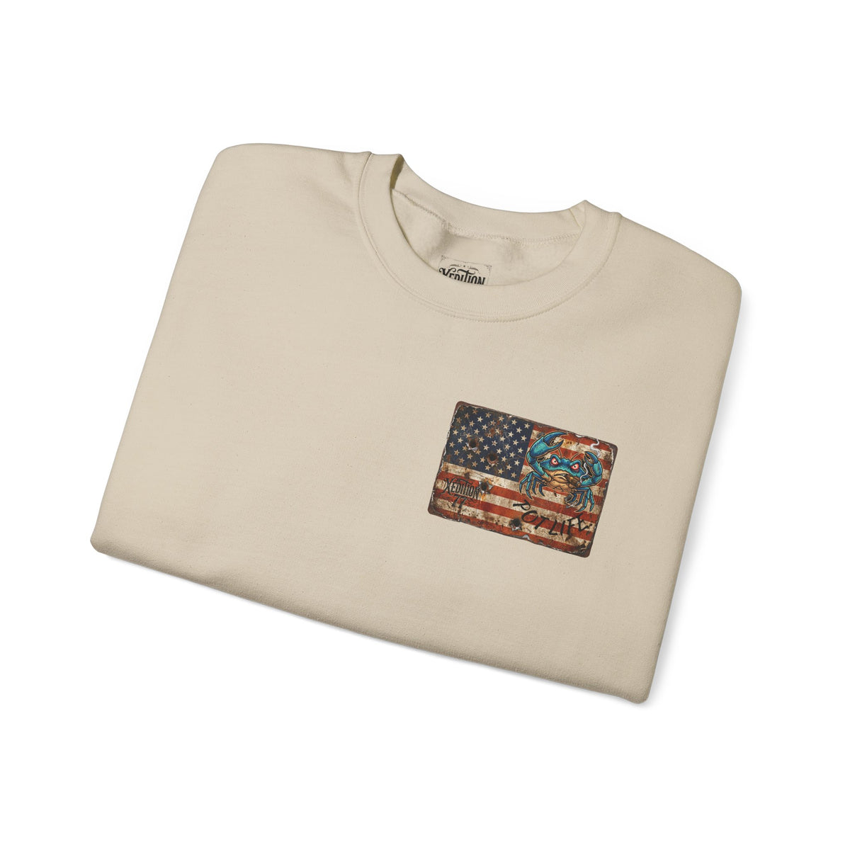 Xedition77 CRAB"POT" LIFE GUINEA VA.American Flag Chest Patch Crewneck Sweatshirt
