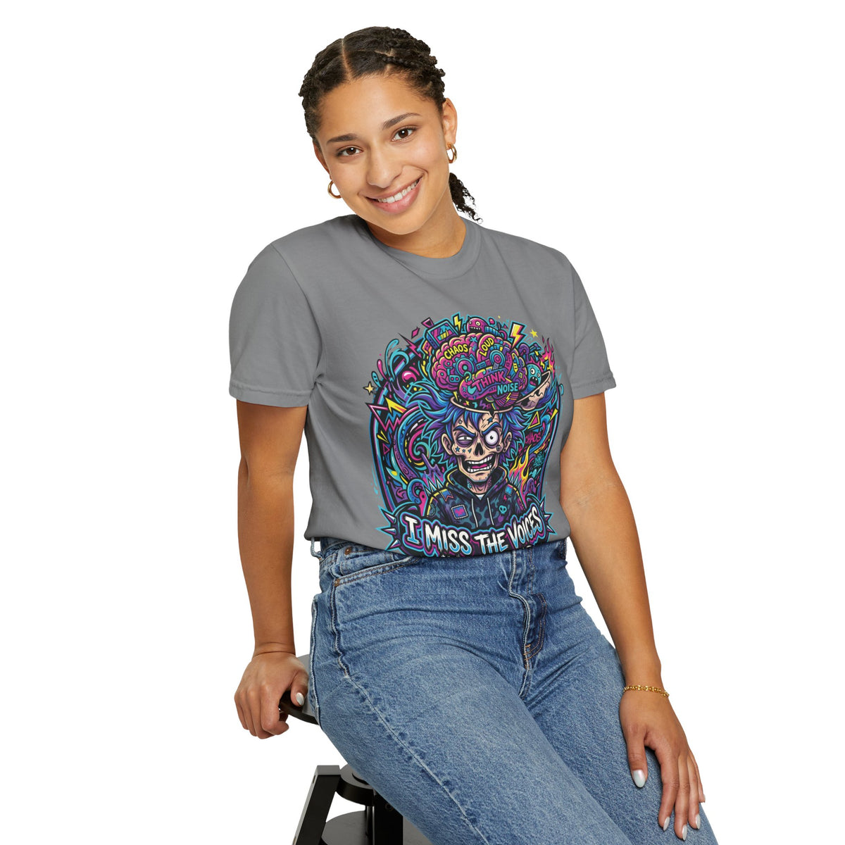 Graphic T-Shirt — "I Miss the Voices in My Head" Colorful Psychedelic Skull Tee