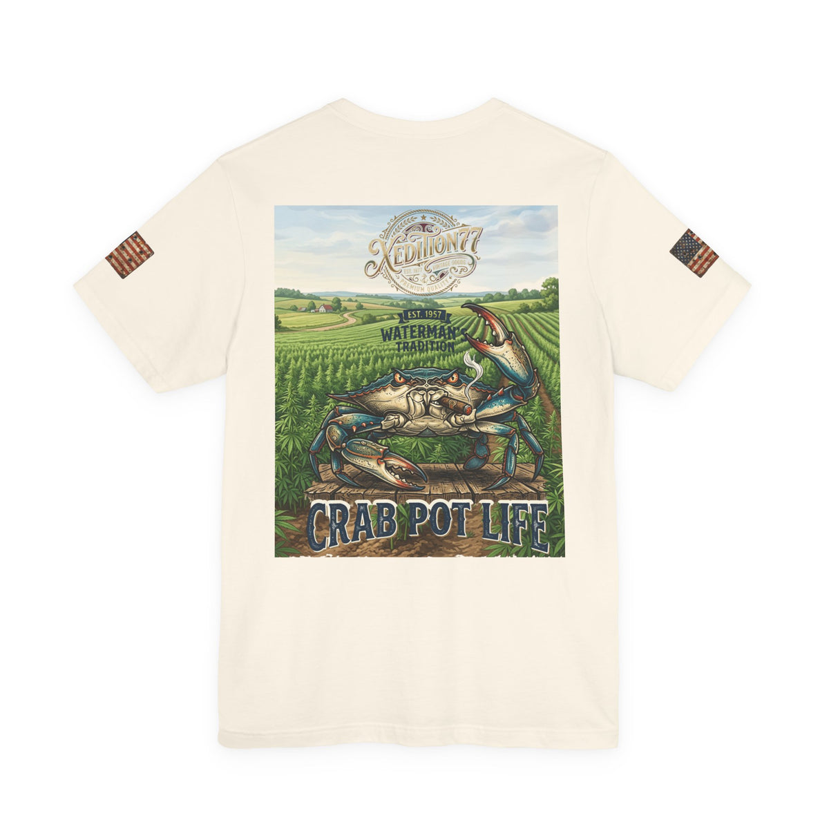 XEDITION77 "Crab Pot Life"American Flag Chest Pocket T‑Shirt