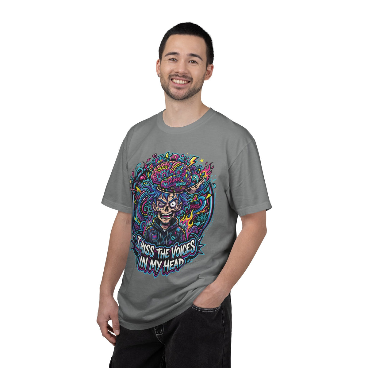 Graphic T-Shirt — "I Miss the Voices in My Head" Colorful Psychedelic Skull Tee