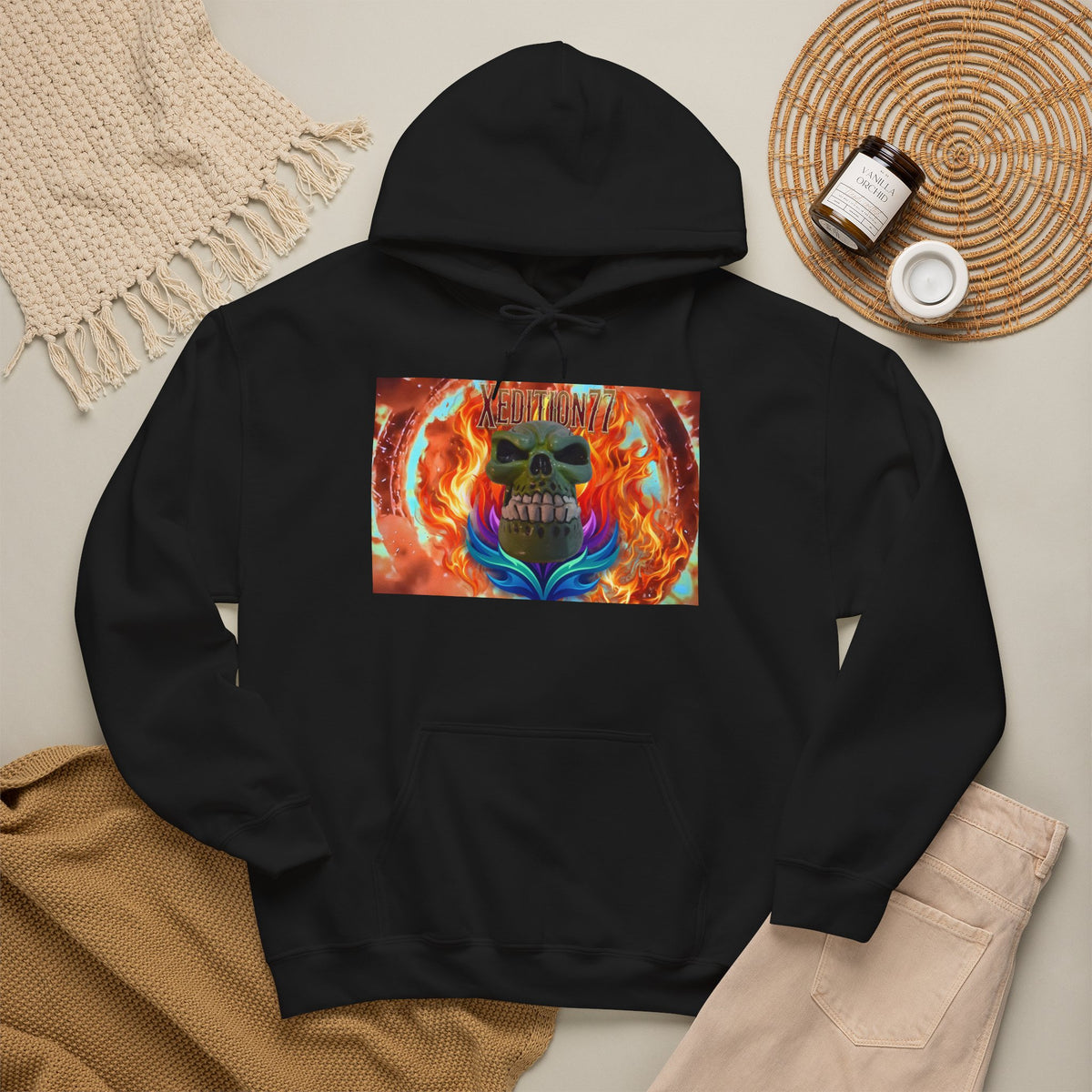 XEDITION77 Skull Flame Hoodie – Colorful Flaming Skull Graphic Pullover