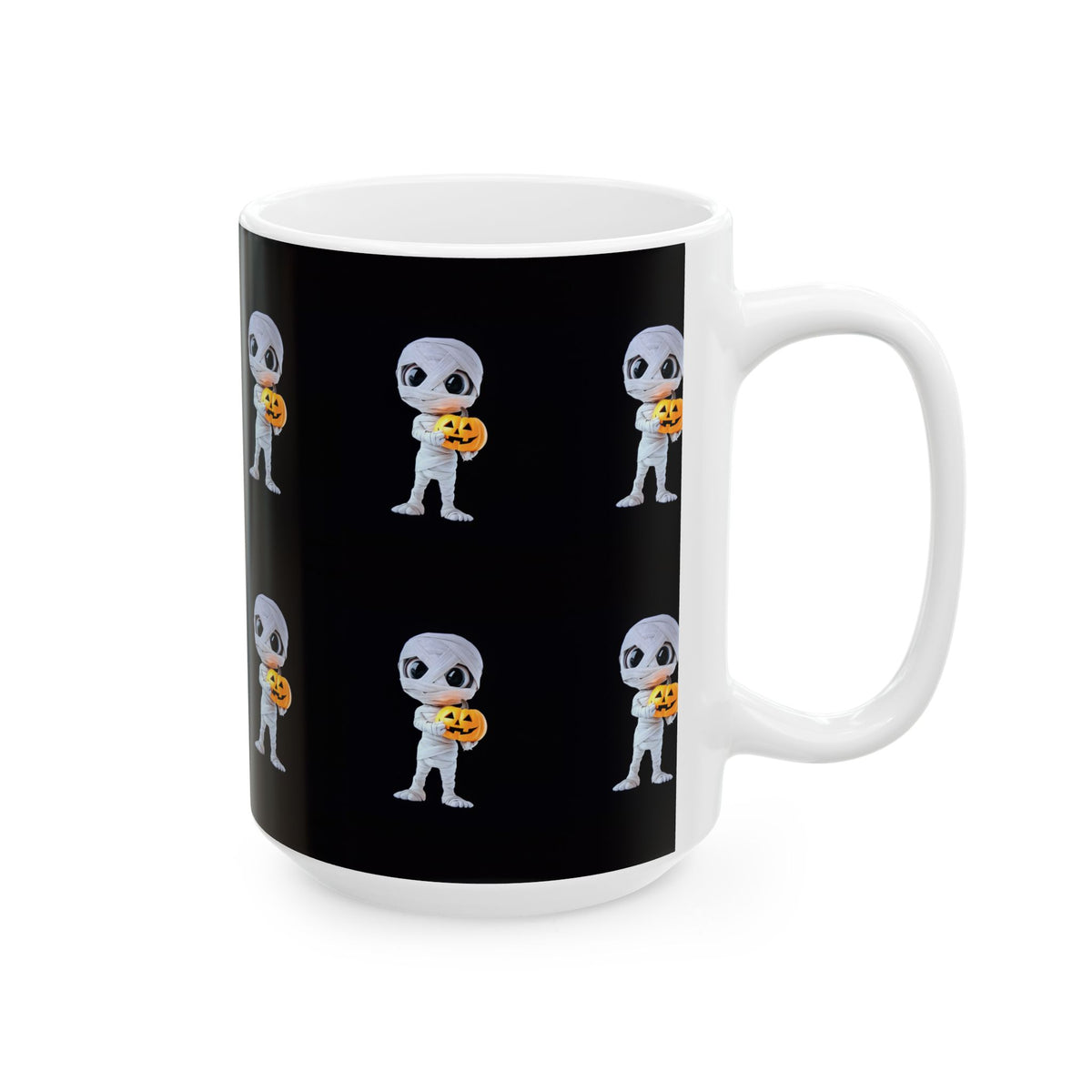 Mummy Holding Jack-o’-Lantern Ceramic Mug — Cute Halloween Coffee Cup (11oz & 15oz)