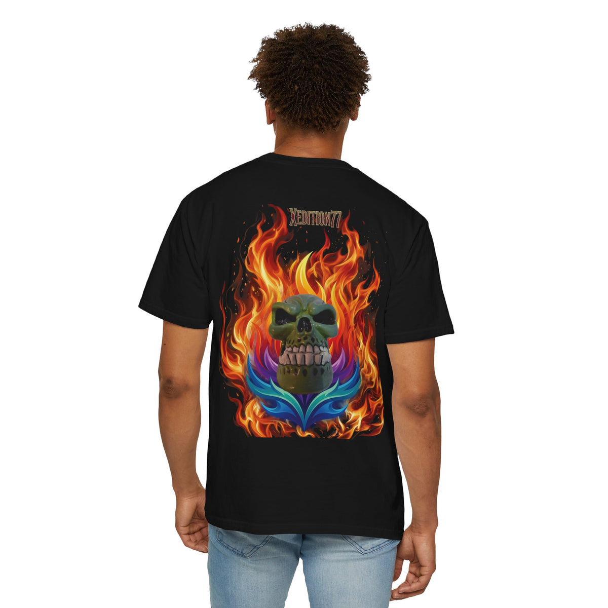 "Xedition77 Flaming Skull Graphic Tee Back Print