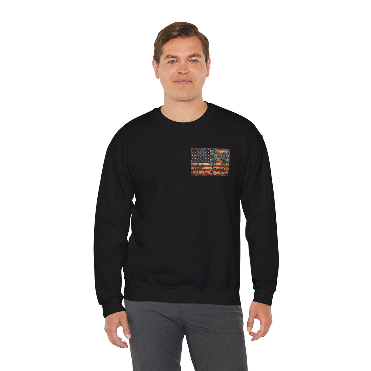 Xedition77 CRAB"POT" LIFE GUINEA VA.American Flag Chest Patch Crewneck Sweatshirt