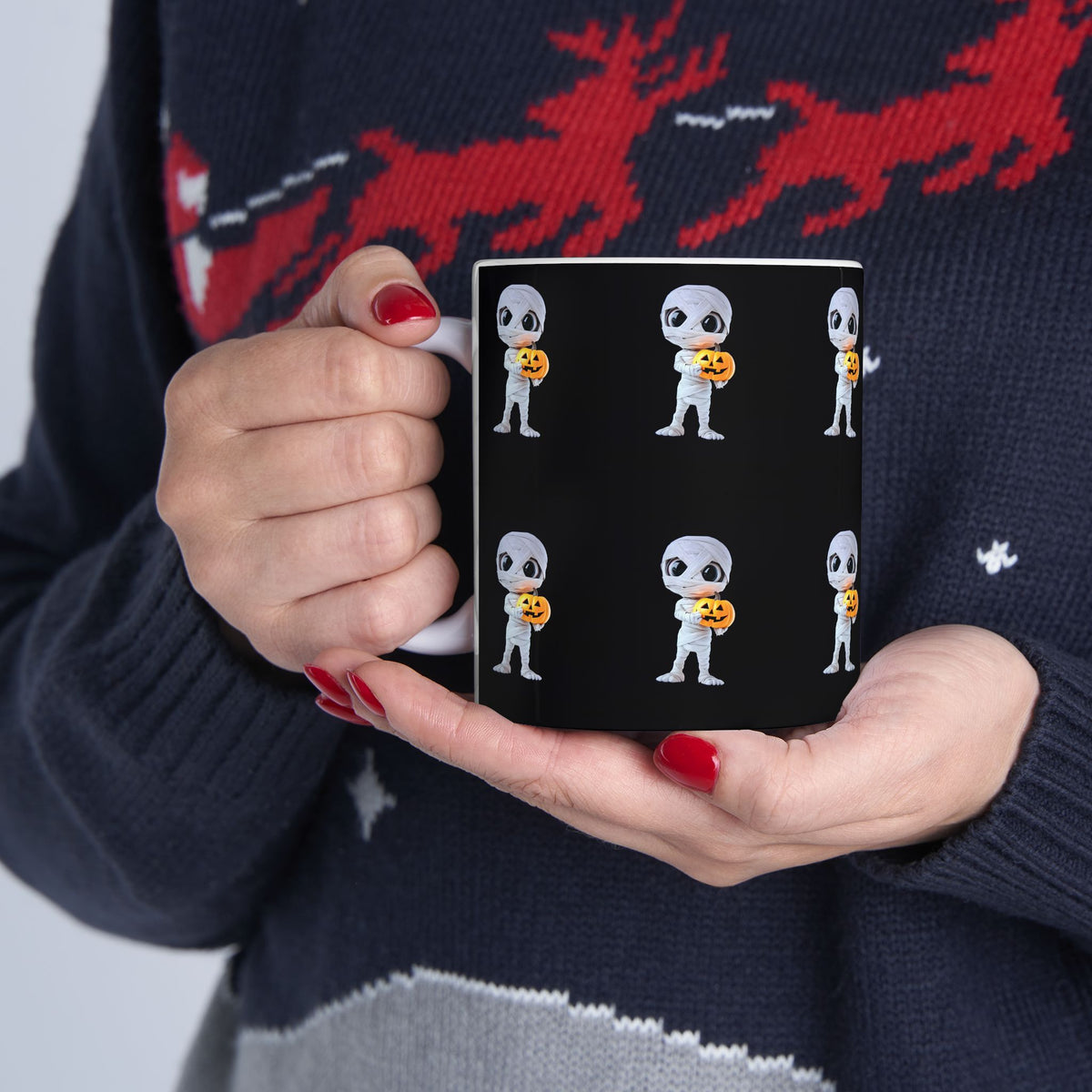 Mummy Holding Jack-o’-Lantern Ceramic Mug — Cute Halloween Coffee Cup (11oz & 15oz)