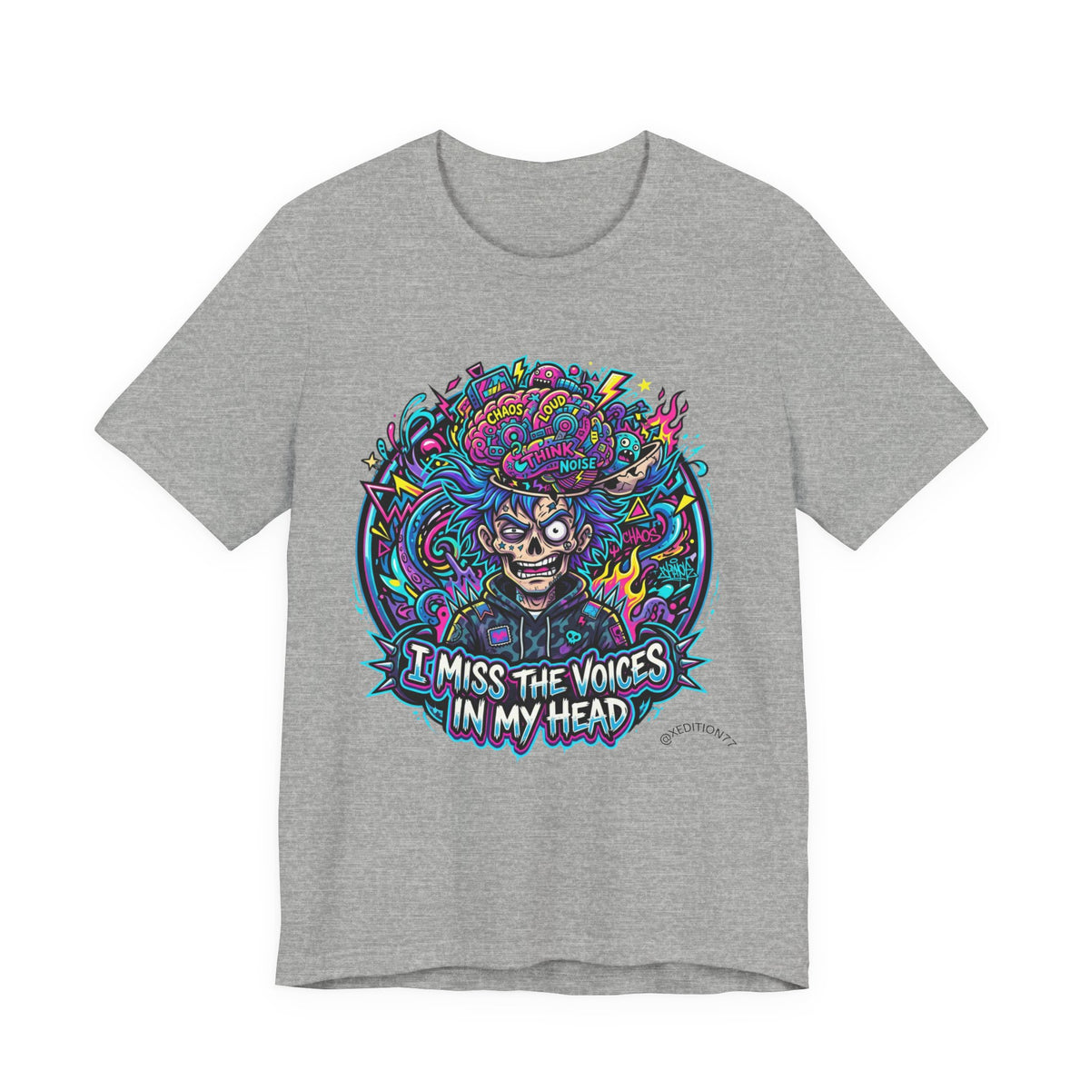 Skull & Brain Graphic Tee — "I Miss the Voices in My Head" Psychedelic T-Shirt