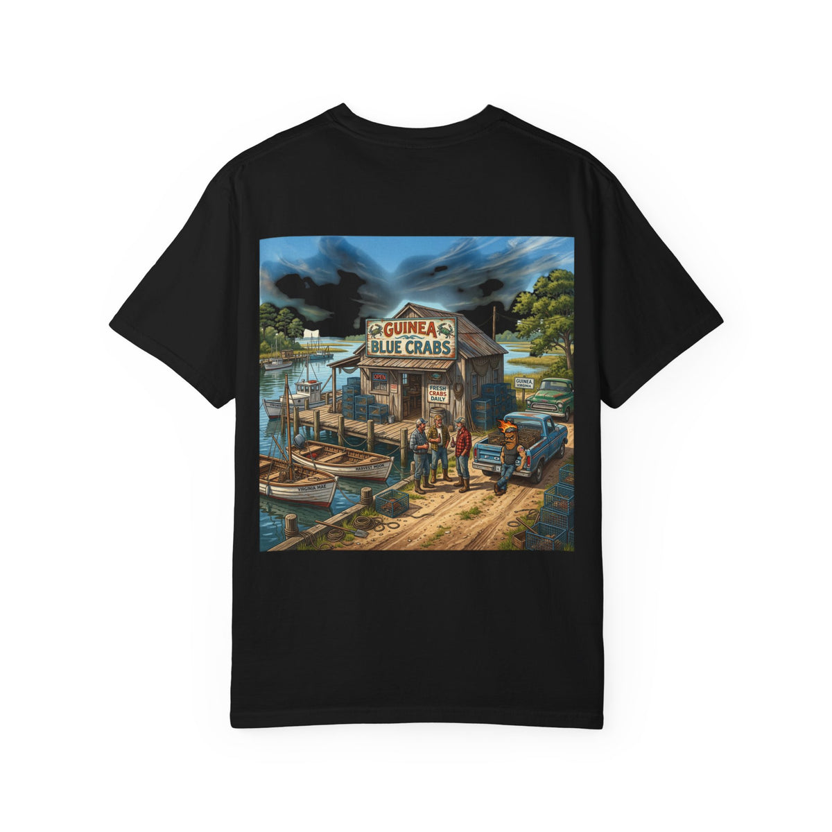 Xedition77 GUINEA VA.Blue Crab Shack T-Shirt Coastal Fishing Dock Graphic Tee