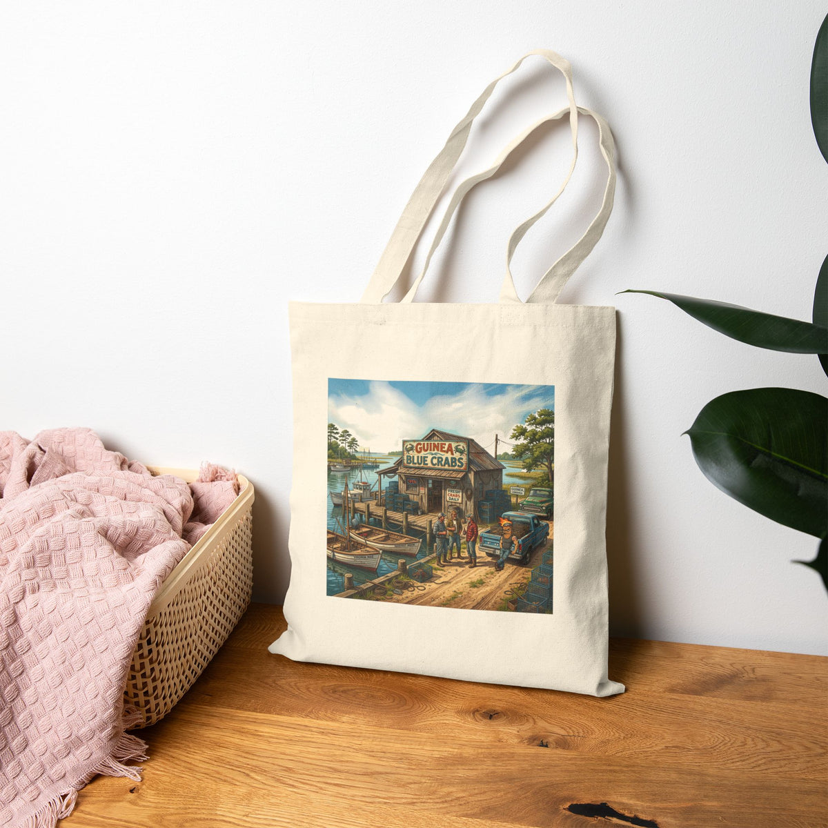 Xedition77 Guinea VA. CRAB" POT" LIFE Vintage American Flag Cotton Tote Bag — Small Patriotic Canvas Grocery Tote