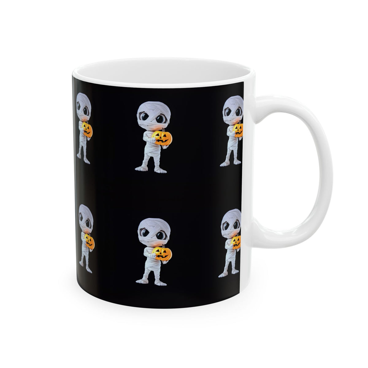 Mummy Holding Jack-o’-Lantern Ceramic Mug — Cute Halloween Coffee Cup (11oz &amp; 15oz)